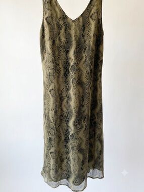 Vintage Robbie Bee 100% Silk Snakeskin Print Slip Dress Size 6 Olive Green